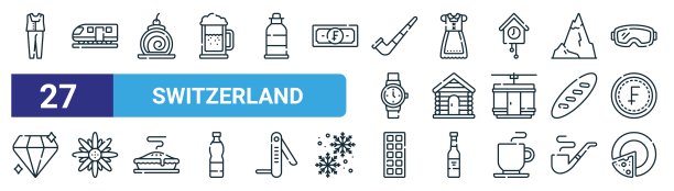 一套27个轮廓网络瑞士图标，如服装，火车，瑞士卷，连衣裙，木屋，雪绒花，巧克力，奶酪矢量细线图标的网页设计，移动应用程序。图片下载