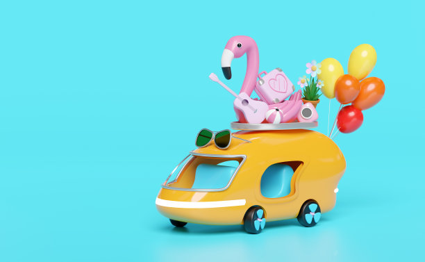 3d巴士或货车与吉他，行李，气球，相机，太阳镜，花，火烈鸟隔离在蓝色背景。夏季旅游概念，3d渲染插图图片下载