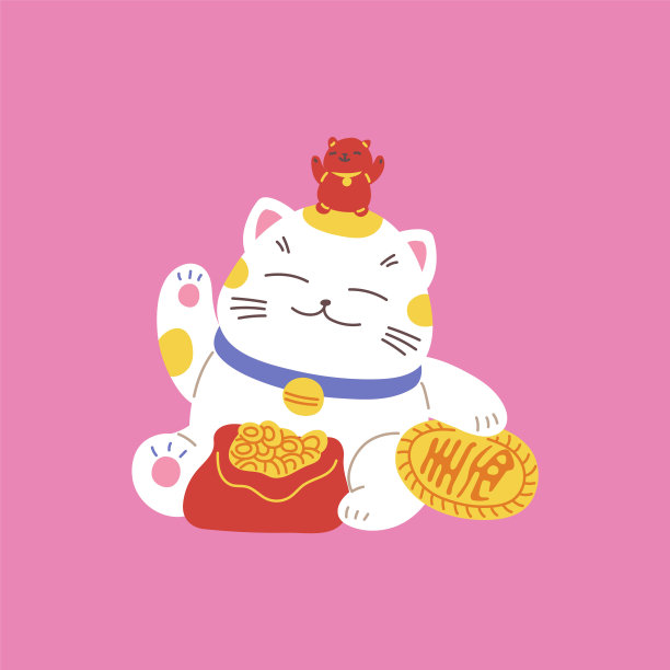 日本人Neko用一袋金币和护身符戴在头上，矢量卡通富有的幸运猫财富东方的象征图片下载