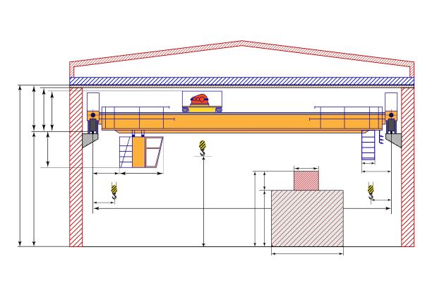 带尺寸的桥式起重机草图。尺寸图。图片下载