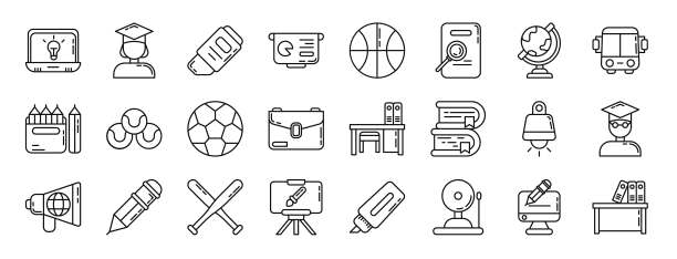 一套24个大纲网络学校图标，如笔记本电脑，学生，橡皮擦，演示文稿，篮球，放大，全球矢量图标的报告，演示文稿，图表，网页设计，移动应用程序图片下载
