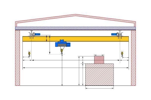带尺寸的桥式起重机草图。尺寸图。图片下载