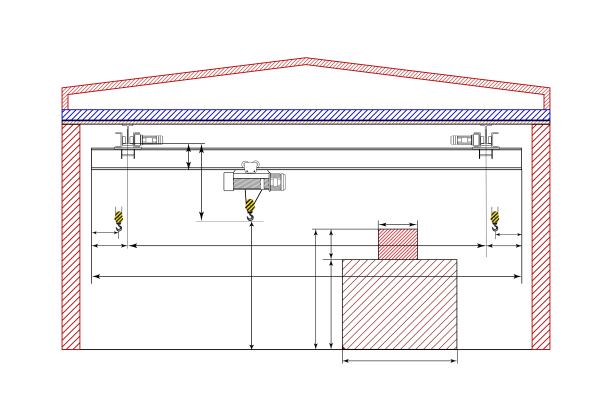 带尺寸的桥式起重机草图。尺寸图。图片下载