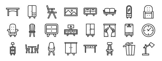 一套24个轮廓网络家居图标，如桌子，椅子，图片，抽屉柜，沙发，梳妆台矢量图标，用于报告，演示，图表，网页设计，移动应用程序图片下载