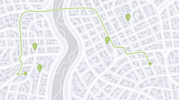 城市地图导航。GPS导航器。点标记图标。俯视图，从上面看。抽象的背景。简单逼真的地图设计。河流景观。平面样式矢量插图。图片下载