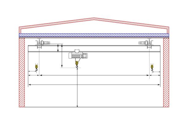 带尺寸的桥式起重机草图。尺寸图。图片下载
