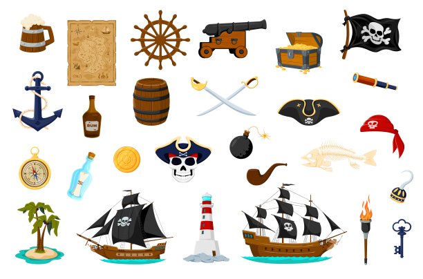 卡通海盗和海盗船项目矢量集图片下载