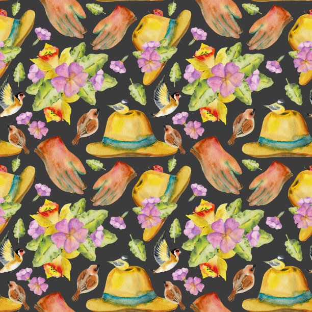 手绘水彩插画春天园艺服装配件，帽子手套花鸟。无缝图案孤立在黑暗的背景。设计印刷，商店，剪贴簿，包装图片下载