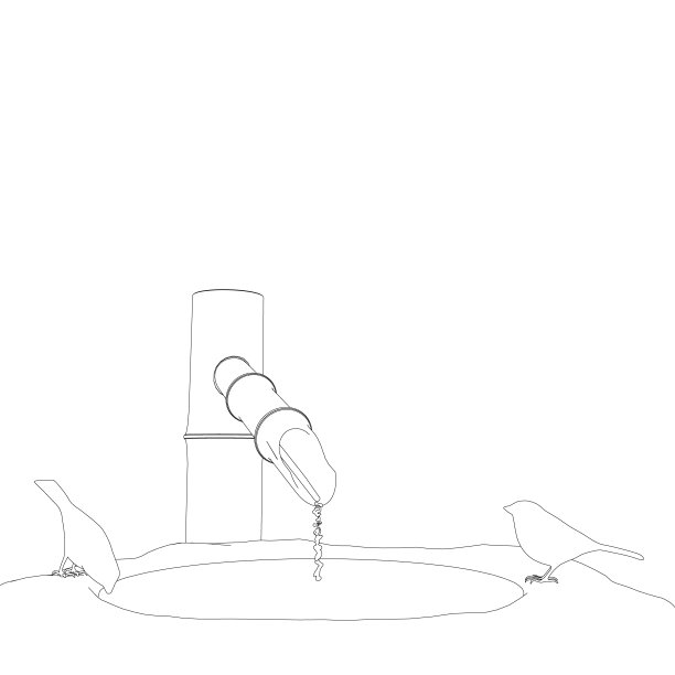 两只鸟坐在井里，从白色背景上孤立的黑线上喝水的轮廓。3 d。矢量插图。图片下载