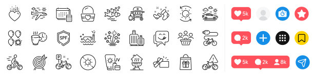 防晒霜，汽车旅行和美味的微笑线图标包。用于web应用程序。社交媒体图标。向量图片下载