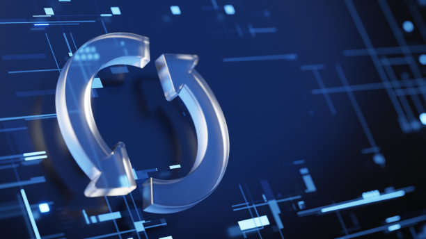 两个圆形箭头图标-更新符号。3d玻璃更新，深蓝色数字背景上的刷新图标图片下载