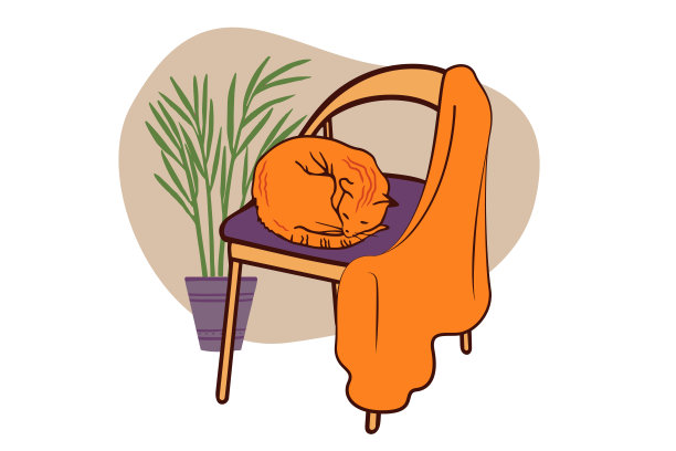 有猫和格子图案的扶手椅，背景是室内植物。温馨的hygge美学，温馨的冬季家庭氛围，可爱的秋冬和圣诞套装，温馨舒适的家。图片下载