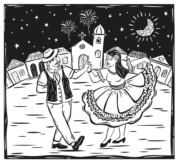 一对在六月晚会上跳舞的情侣。巴西东北部科德尔木刻风格插图。图片下载
