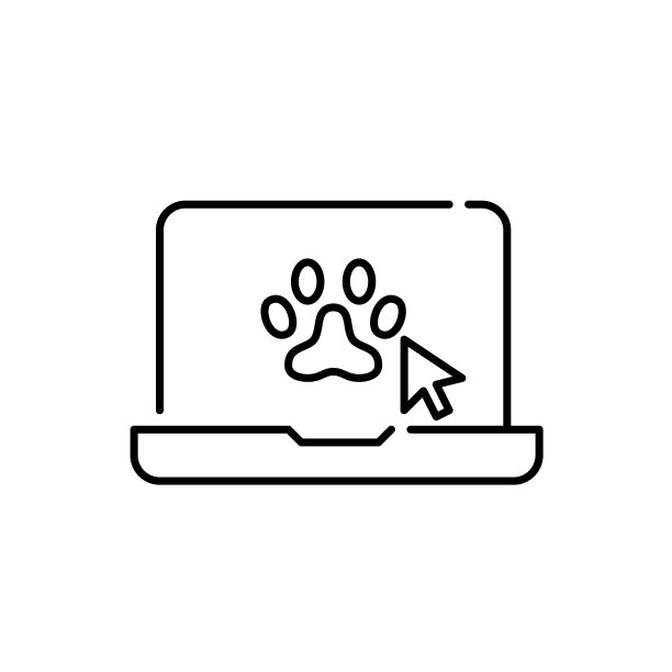 带有笔记本电脑、爪子和鼠标点击的图标，表示可以轻松在线访问兽医服务。像素完美的可编辑图标图片下载