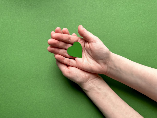 4月22日地球日，女性手握绿色背景上的绿色纸心图片下载