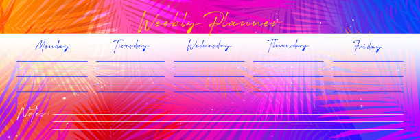 现代风格的规划理念。每周待办事项清单与棕榈叶在彩色异国情调的背景。时尚的夏季热带每周计划与复制空间。图片下载