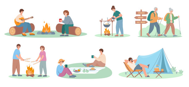 游客露营套。露营者用帐篷、篝火、烹饪、徒步旅行、放松、弹吉他来塑造人物形象。暑假。图片下载