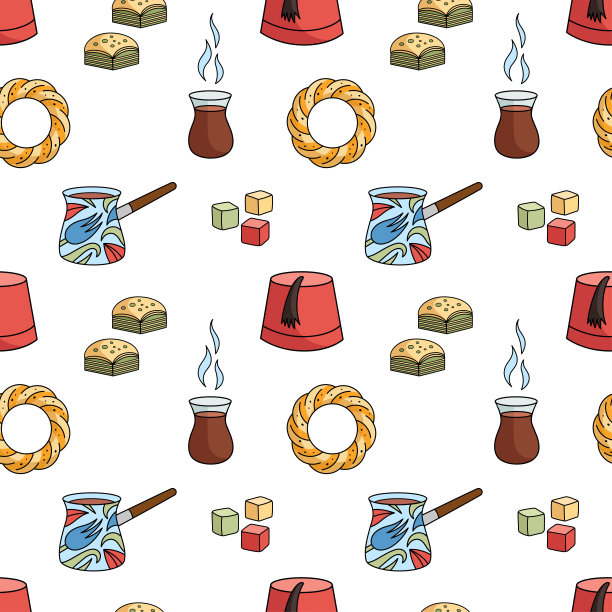 无缝花纹融入土耳其传统茶话会、咖啡会元素。矢量卡通插图。图片下载