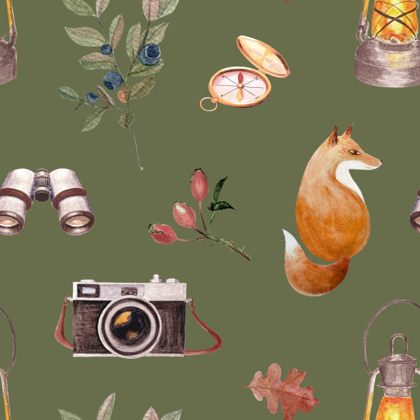 狐狸与双目，玫瑰臀细枝水彩平面无缝图案上的绿色图片下载