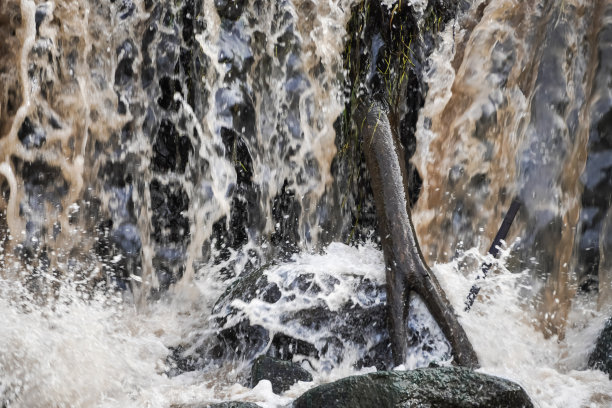 洪水期间阴暗的瀑布溪流和岩石河流的特写照片。国际森林日，世界环境日的概念。图片下载