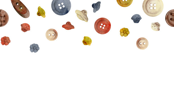 手绘水彩插画缝纫工艺刺绣用品。塑料木平圆衣服钮扣扣件。单一对象孤立的白色背景。设计工作室，裁缝，爱好商店。图片下载