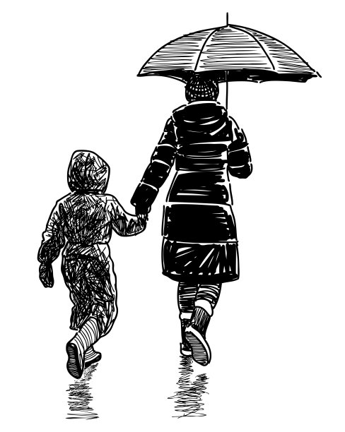 母亲，孩子，家庭，女人，父母，在一起，剪影，伞，休闲，行人，下雨，步行，城市街道，真人，恶劣天气，素描，黑白矢量手绘插图孤立在白色图片下载
