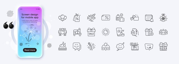 烟花，益智游戏和旅行行李线图标的web应用程序。象形文字图标。手机模型渐变屏幕。向量图片下载