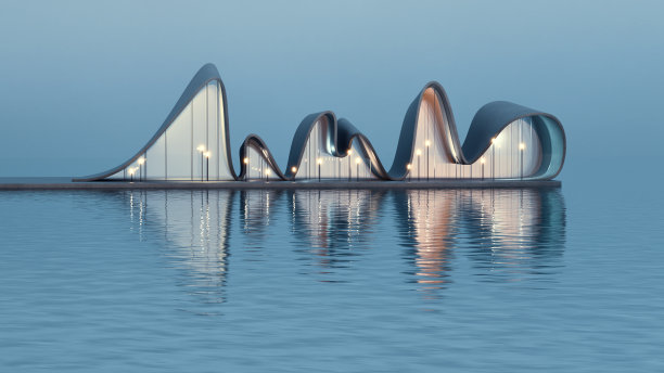 黄昏宁静的海面上，波浪设计的现代流动建筑。一个当代建筑的3D渲染，反射在水面上。极简主义建筑设计理念。图片下载