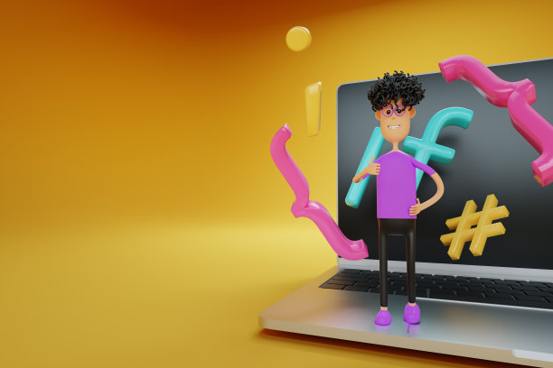 一个带有编程代码元素的卡通人物站在笔记本电脑上。编程学校，网上远程学习，视频教程，网络研讨会，E学习网页横幅。3D插图，3D渲染。图片下载