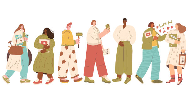 博客字符集。现代的年轻男女拿着相机和笔记本电脑，孤立在白色的背景上。为视频博客创作内容的青少年。博客和社交媒体影响者。矢量平面插图。图片下载