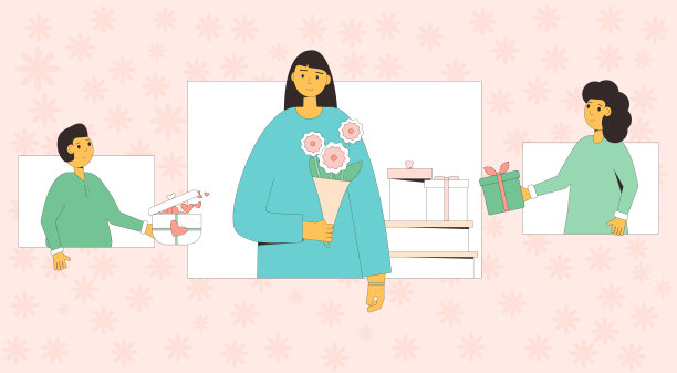 祝贺妇女，母亲节贺卡，人们手捧鲜花和礼物，春季快乐节日banner，节日庆典，矢量扁平插画图片下载