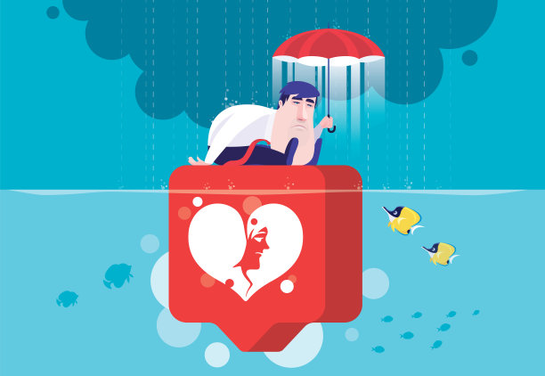 悲伤的商人拿着伞，坐在像纽扣一样漂浮在水面上图片下载