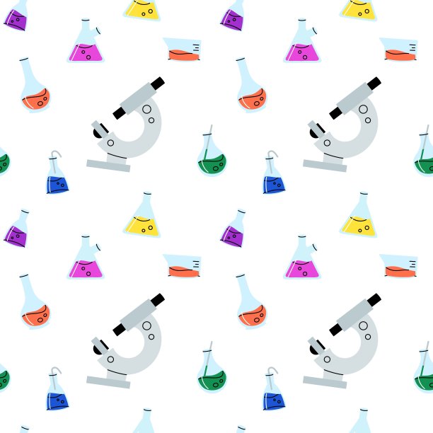 实验室玻璃器皿无缝花纹。玻璃瓶和其他试管和烧瓶中的化学试剂。医疗实验室设备科研工具。涂鸦矢量卡通孤立的背景图片下载