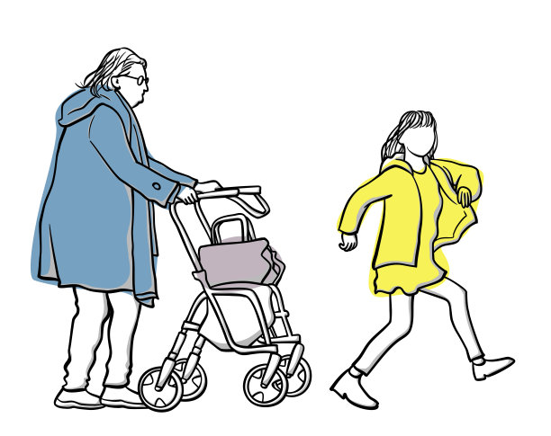 年轻人和老人穿过街道图片下载