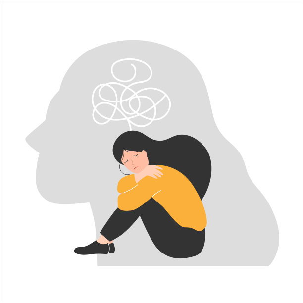 悲伤的女孩坐在地板上，思绪混乱，背景是女性的脸剪影图片下载