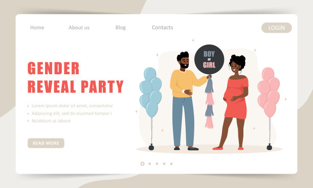 性别揭秘派对。一个非洲家庭拿着印有“男孩或女孩”字样的气球。登陆页面模板。婴儿派对的概念。矢量插图在卡通风格图片下载