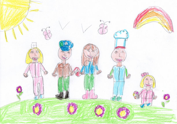 一个人群不同职业职业的儿童绘画。幼稚风格的铅笔艺术图片下载