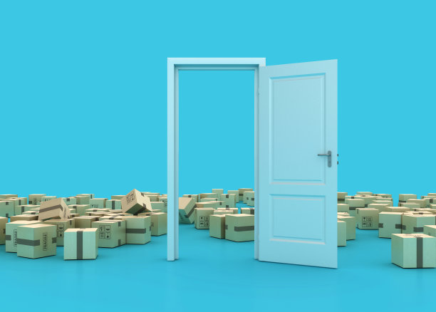 3D打开的门与纸板箱图片下载