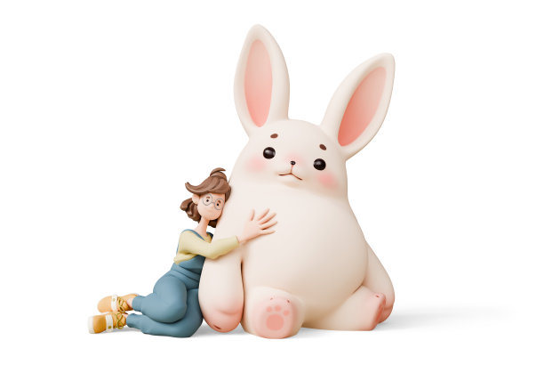 3d渲染女孩抱着一只胖胖的毛茸茸的复活节兔子。图片下载