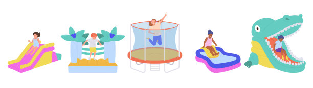 小朋友卡通人物在迷你充气景点享受自由快乐的时光图片下载