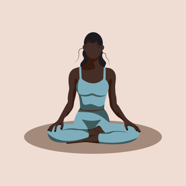 蓝衣非裔美国女孩坐莲花位，在垫子上做瑜伽。平面矢量设计健康生活方式，心理健康，冥想，放松，瑜伽，无脸插画EPS10图片下载