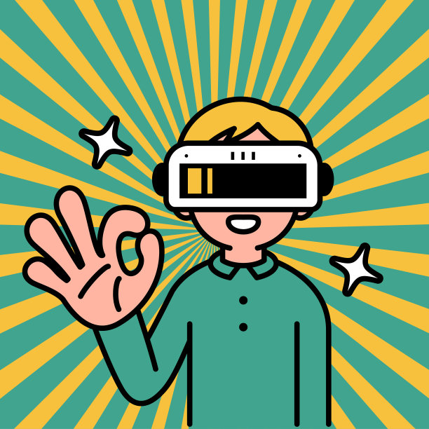 一个戴着虚拟现实耳机或VR眼镜的男孩进入虚拟世界，看着观众，并做出OK的手势图片下载