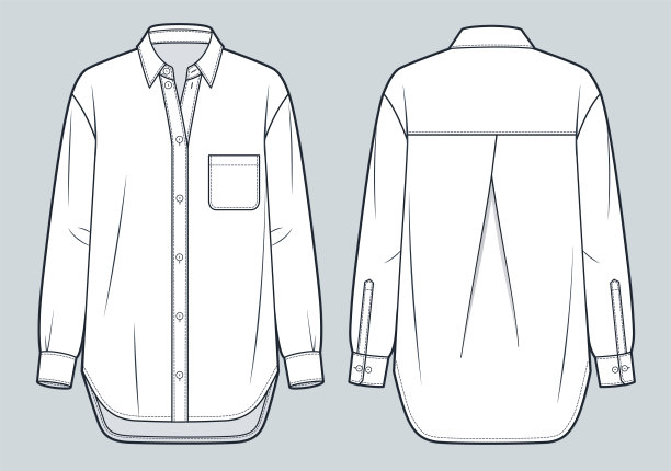 中性衬衫技术时尚插画。经典衬衫时尚平面技术图纸模板，纽扣，超大号，口袋，前后视图，白色，女，男，男女通用的CAD模型。图片下载