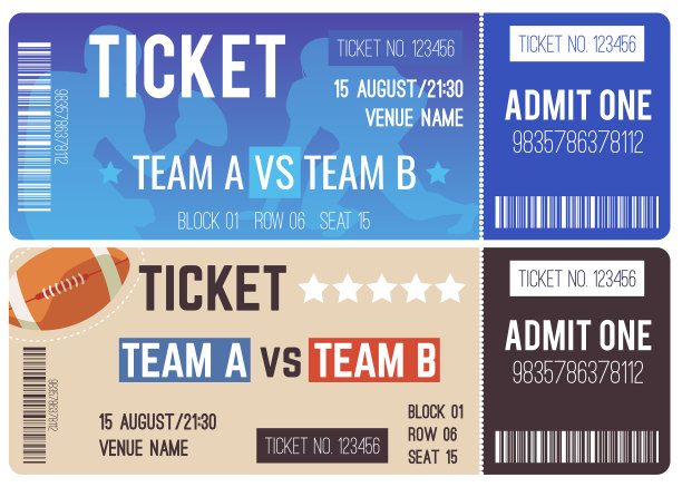 美国大学橄榄球票矢量集，橄榄球锦标赛入口票设计模板体育游戏团队竞争图片下载