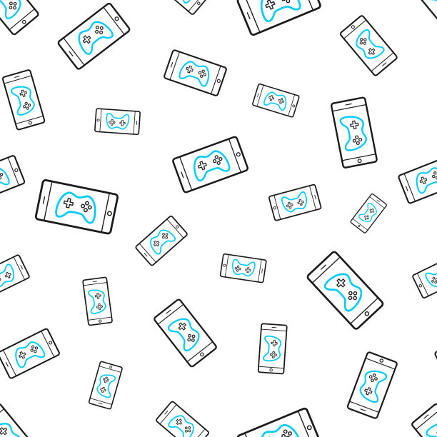 智能手机上的视频游戏。无缝模式。白色背景上的线条图标图片下载