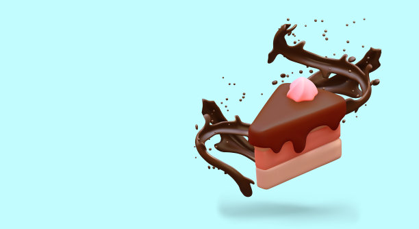 逼真的蛋糕配上配料和奶油。融化巧克力的飞溅和滴落图片下载