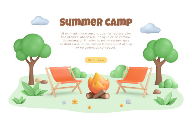 3d夏季插图与折叠椅附近的营火在公园，森林与树木和灌木。图片下载