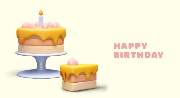生日甜点概念。三维彩色蛋糕与蜡烛，一块蛋糕，文字图片下载