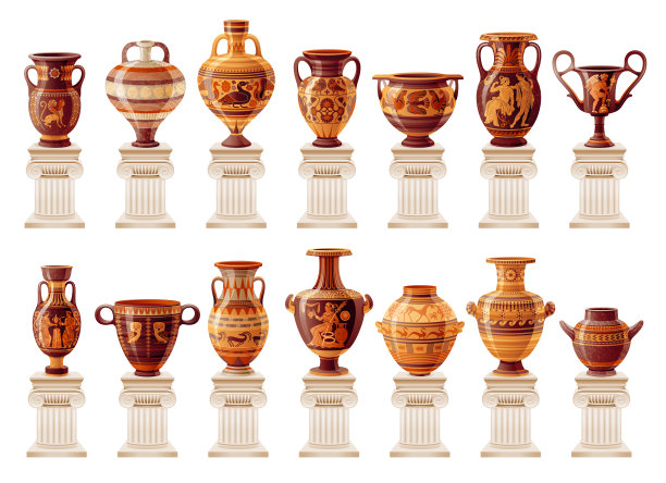 古希腊陶器，花瓶，罐子，罐子和双耳罐。古老的白色圆柱上的古罗马陶瓷器皿。古代陶器与绘画，希腊花瓶上的支柱，矢量卡通插图图片下载