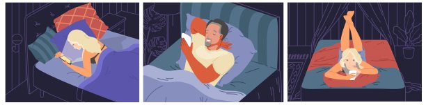 各种各样的卡通人物晚上在床上使用电子设备图片下载